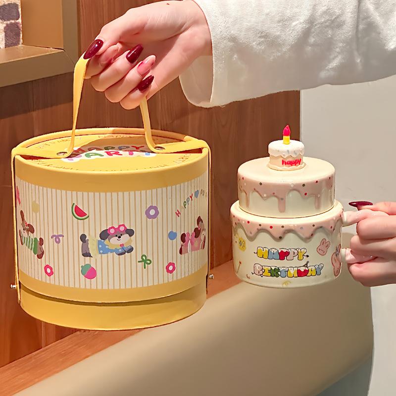 ins cute cake ceramic mug with lid girl high-end drinking cup birthday gift souvenir gift box