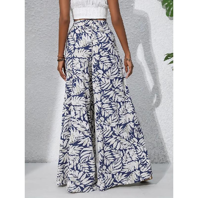 2026 Summer New Printed Wide-Leg Pants, Fashionable and Elegant Vacation Style, Elastic Waist Wide-Leg Long Pants for Women