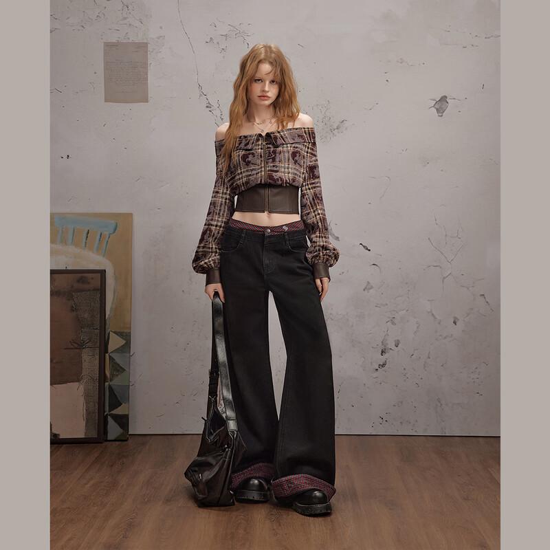 unifree Plaid Patchwork Loose Straight Casual Pants