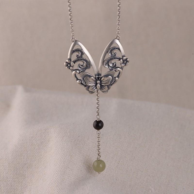 

Новое ожерелье из чистого серебра S925 для женщин, модные бусины из натурального камня с бабочками, подвески с кисточками, женский тайский серебряный набор цепочек