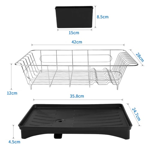 Sunaiad Dish Drainer, Draining Dishboard, Kitchen Stainless Steel with Basket, Adjustable Swivel Spout, Tray, and Storage (42 X 24.5 X 15cm, Black)