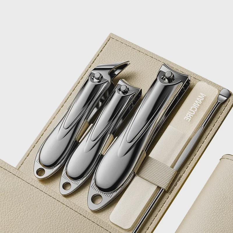 Portable Nail Clipper & Scissors Set with Rotating Leather Case - Large Anti-Splash Design