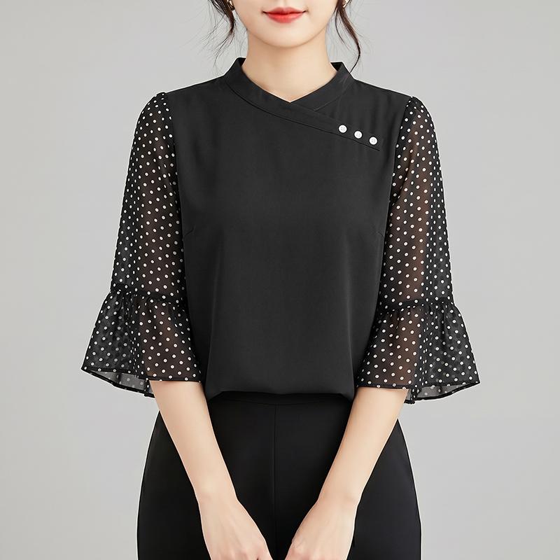 

ZANZEA Women Casual Round Neck Polka Dot Print Splice 3/4 Sleeve Loose Blouse S чёрный
