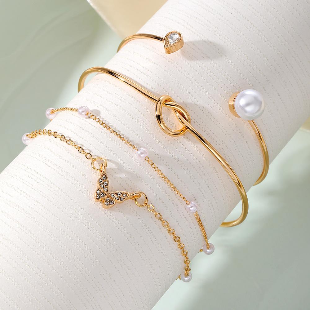 Fashionable and luxurious pearl butterfly heart-shaped open bracelet4Set European and American diamond-studded LOVE Bracelet set
