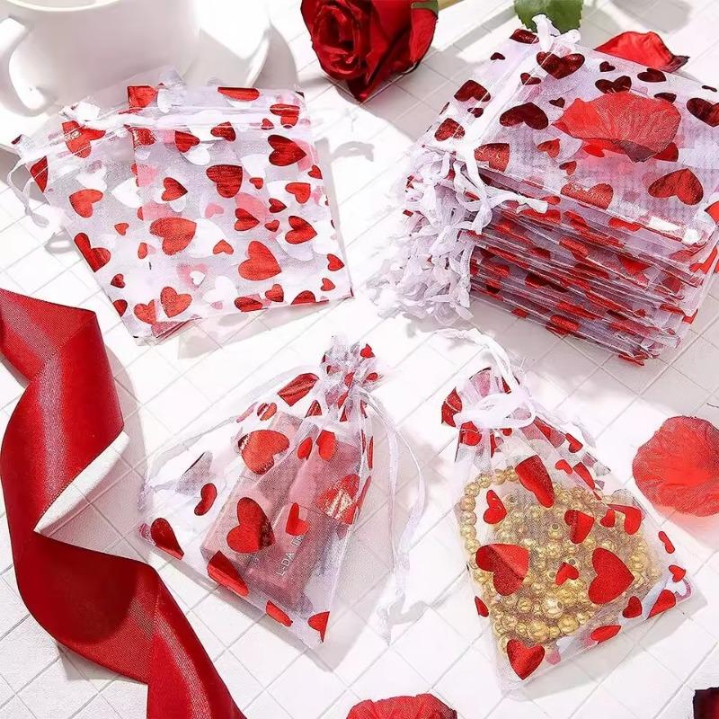 Valentines Day Organza Bags Heart Drawstring Organza Bag Candy Jewelry Valentine's Day Wedding Party Gift Packaging Bags