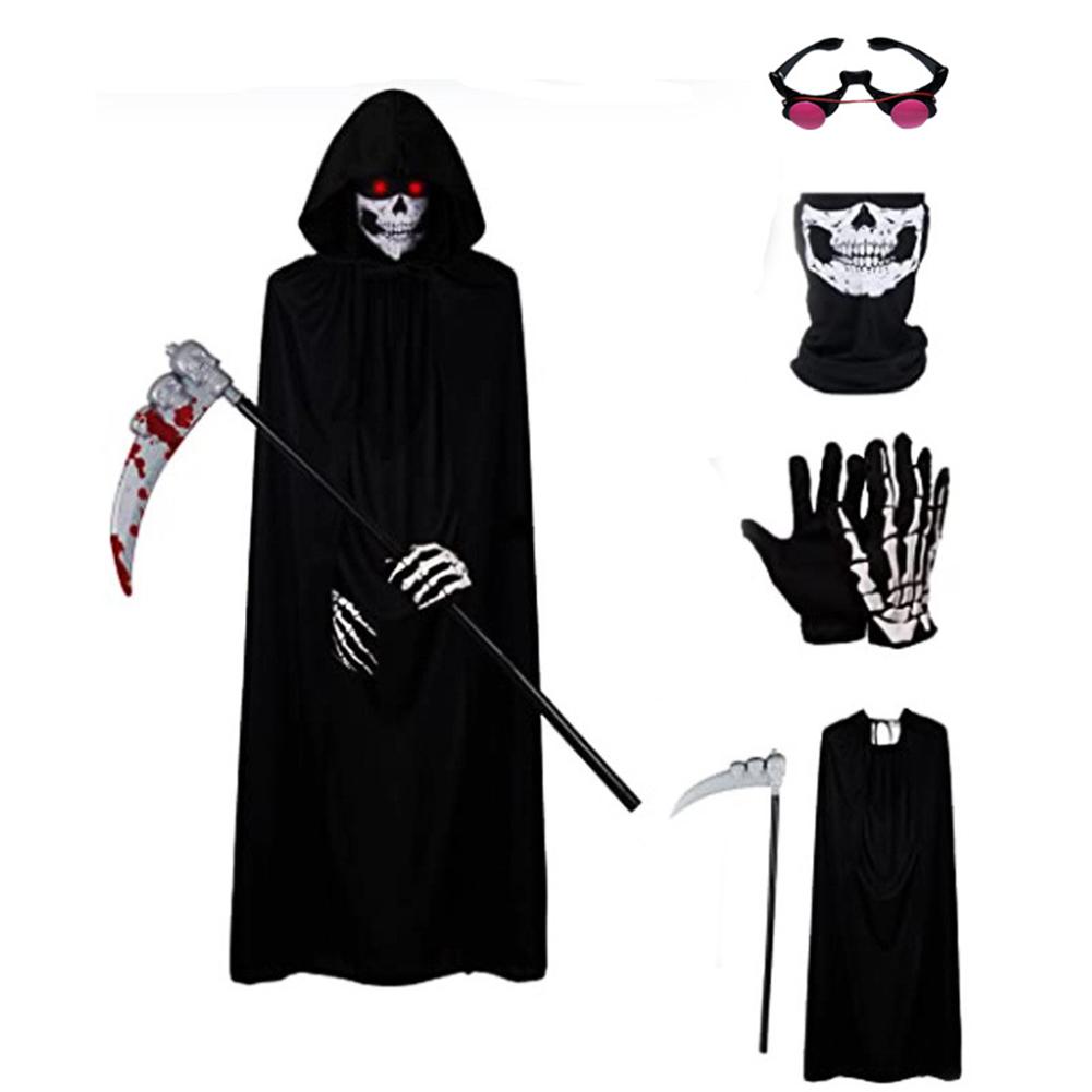 

Halloween Grim Reaper Costume with Glowing Red Eyes/Gloves/Mask & Scythe Props Home Party Cosplay Costume Suitable For All Ages S