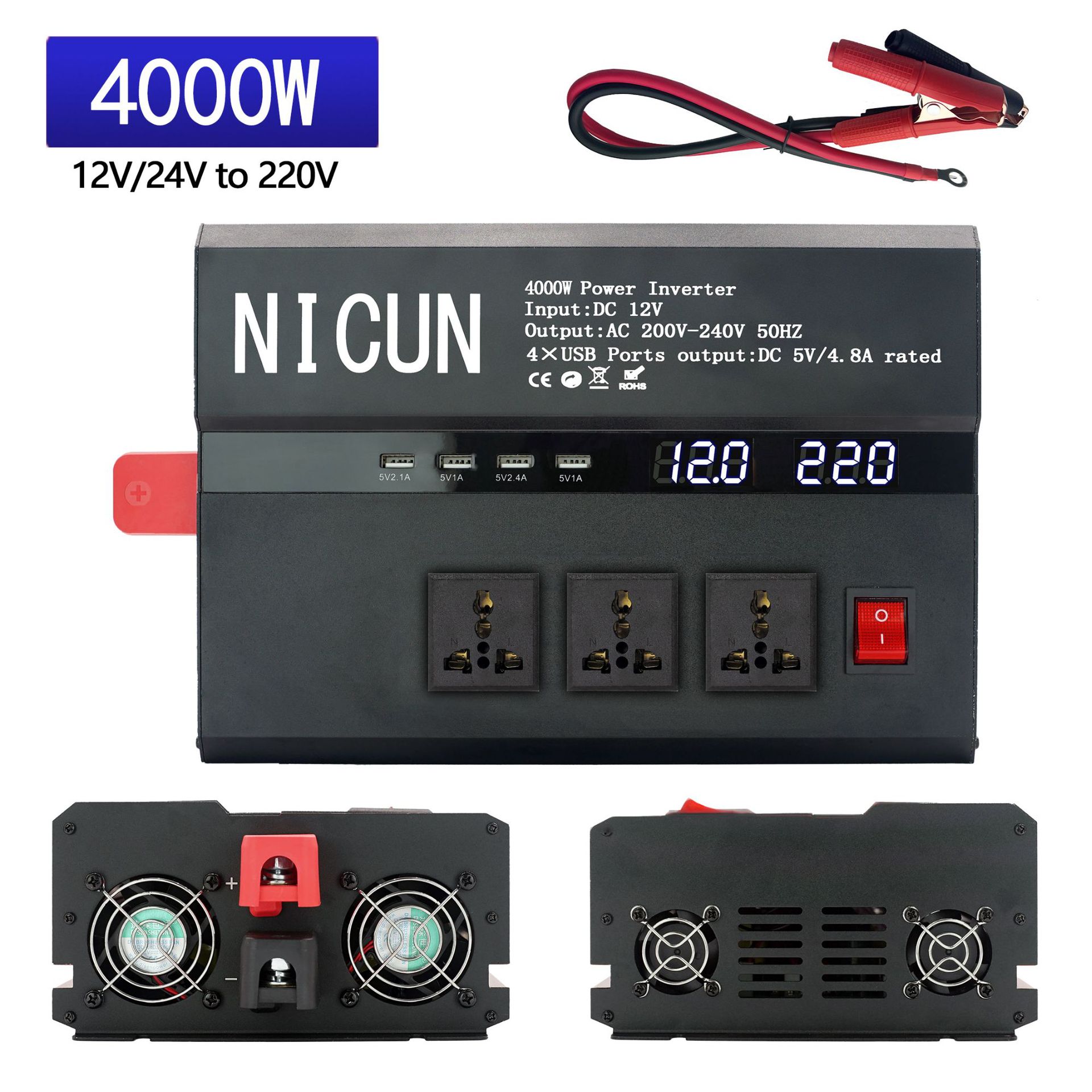 

Автомобильный солнечный инвертор 3000W4000W5000W 12V/24V Plug Даже цифровой дисплей Home Black 12V 2000W/4000W