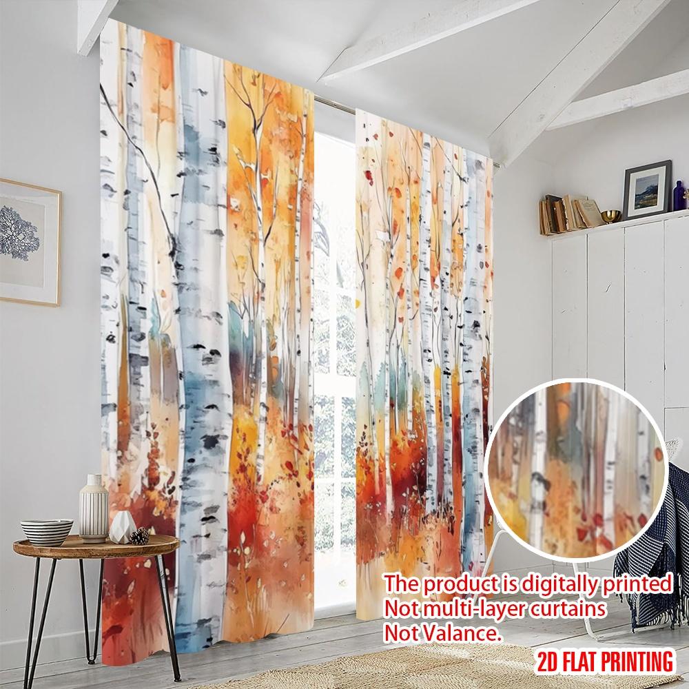 2pcs,2D plane printing Popular Curtain Panels Autumn Birchwoods Versatile Durable Polyester (without rod) Festive for Bedroom,