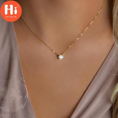 Hi Gold Plated Delicate CZ Tiny Diamond Pendant Elegant Gold CZ Solitaire Necklace Women's Jewelry Gift
