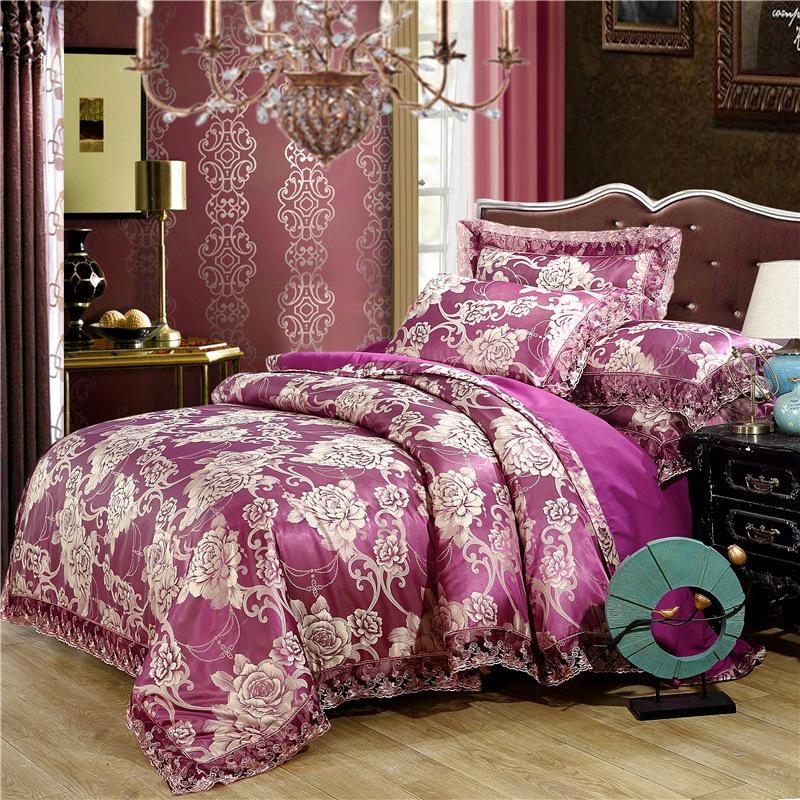 European Satin Jacquard Bedding Set - Lace-Trimmed, 4-Piece Set