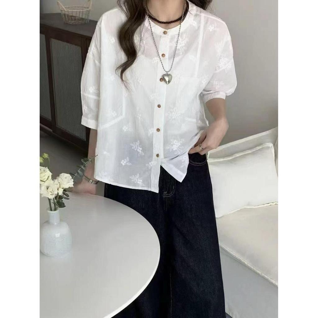 French Hollow Embroidery Short Sleeve Summer Blouse - Casual, Versatile Jacquard Loose Fit