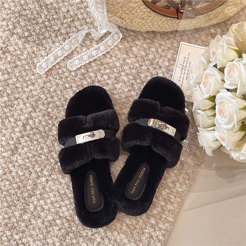 

Мода осень-зима 2025, простые шлепанцы с пряжкой, пушистые тапочки интернет-знаменитости, женская повседневная обувь на толстой подошве, хлопковые туфли на перемычке 35
