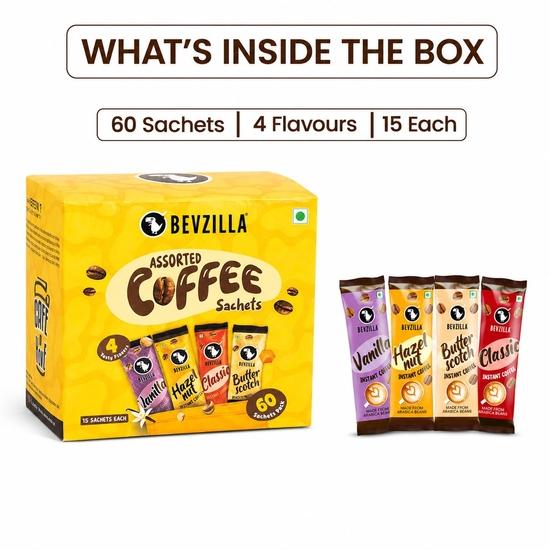 Bevzilla 60 Instant Coffee Powder Sachets (4 Flavours) – 120 Grams | Hazelnut, Classic, Vanilla & Butterscotch | 15 Pouches Each Flavour