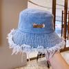 Korean Denim Bucket Hat for Women Vintage Metal Label Fisherman Cap Summer Lady Girl Sport Hiking Bob Caps