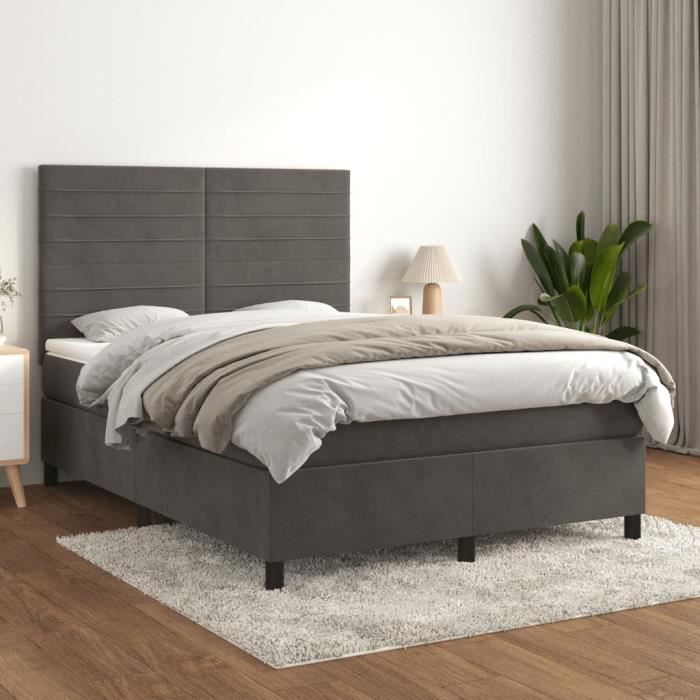 3143086 vidaXL Lit à sommier tapissier et matelas Gris foncé 140x200cm Velours