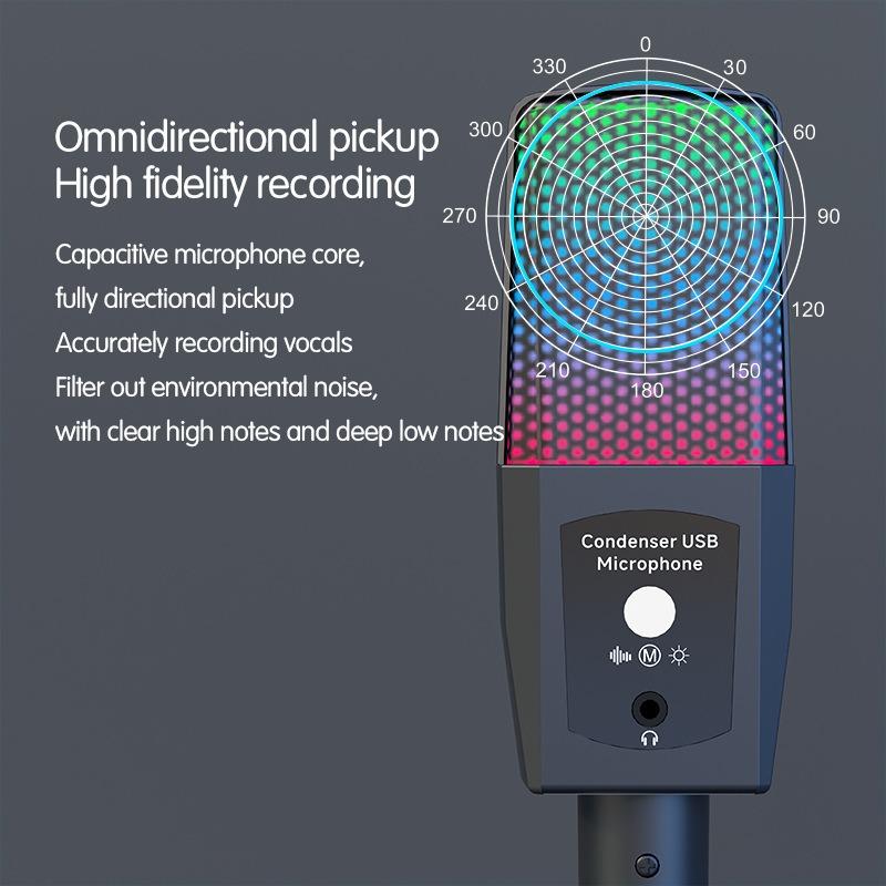 Professional RGB Condenser USB Microphone for PC/Laptop - Gaming Mic with Mute Button, Headphone Jack, Noise Cancellation for Streaming & Podcasting
