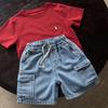 Jungen Mädchen Denim Shorts Sommer Elastischer Bund Kordelzug Einfarbig Tasche Cargo Jeans Baby Jungen Freizeithorts
