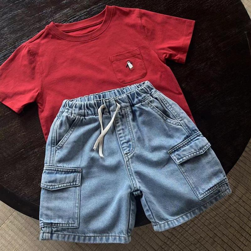 Jungen Mädchen Denim Shorts Sommer Elastischer Bund Kordelzug Einfarbig Tasche Cargo Jeans Baby Jungen Freizeithorts