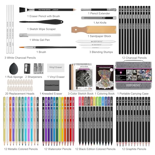 HIFORNY Professional Drawing & Sketching Set: Includes Graphite, Charcoal, Color, Watercolor, and Metallic Pencils, Blending Tool, Sketchbook, Colorin
