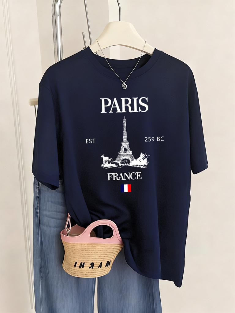 Paris Frankreich Eiffelturm Drucke T-Shirts Damen Sommer Basic Kurzarm Oberteile Rundhals Lockere T-Shirts Basics Weiche Damenkleidung