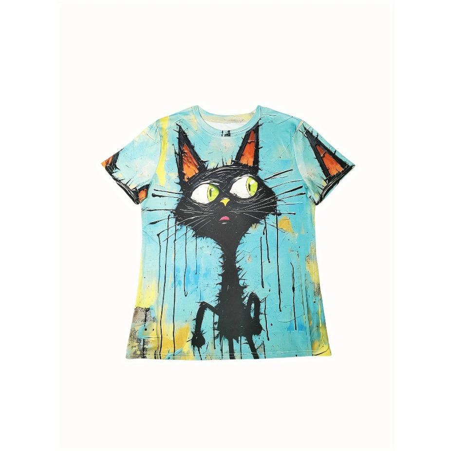 Sommer Chic Katzen-Print Rundhals Kurzarm T-Shirt - Damen Casual Oberteil für Frühling & Sommer