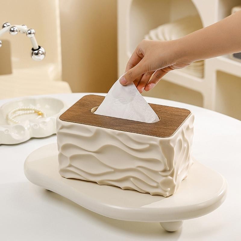 Artistic Ripples Effects Tissue Dispenser With Combination Of Wood And Plastic Materials Tissue Holder For Daily Use