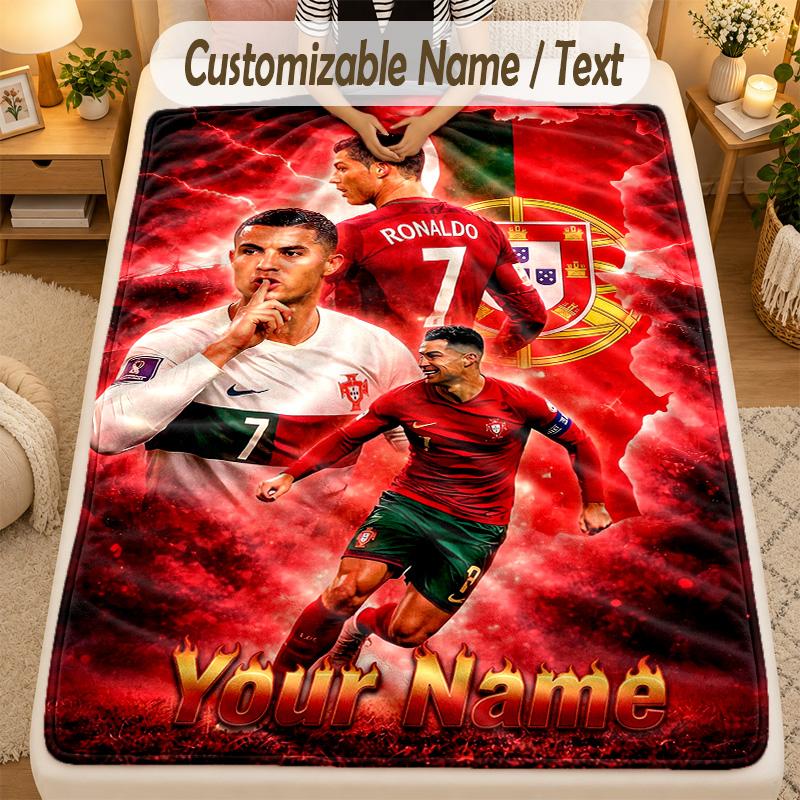 Flannel BlanketCristiano Ronaldo Custom Name Text Personalized Soft Warm Throw Blanket Home Decor Gift
