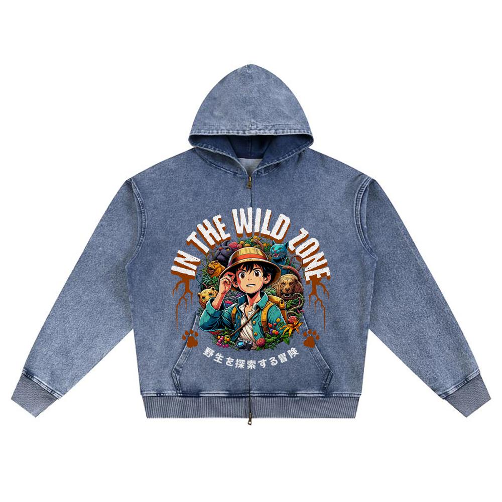 DTG Print Knitted Denim Zip-Up Hoodie Japanese Anime In the Wild Zone Brother Print Zipper Hoodies