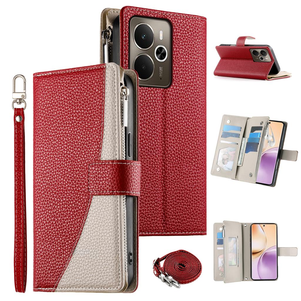 For Realme 14 5G Case Zipper Wallet Color Splicing Leather Flip Phone Cover with Straps