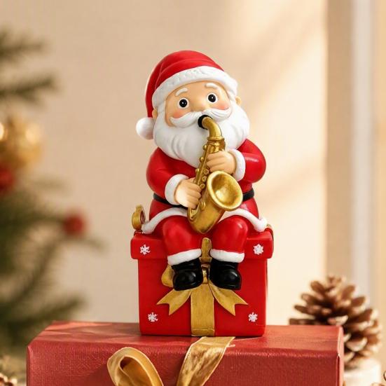 Cartoon Santa Sculpture Christmas Singing Claus Figurine,Cartoon Saxophone Resin Xmas Decor Statue, Festive Sitting Desktop Decoration Desk