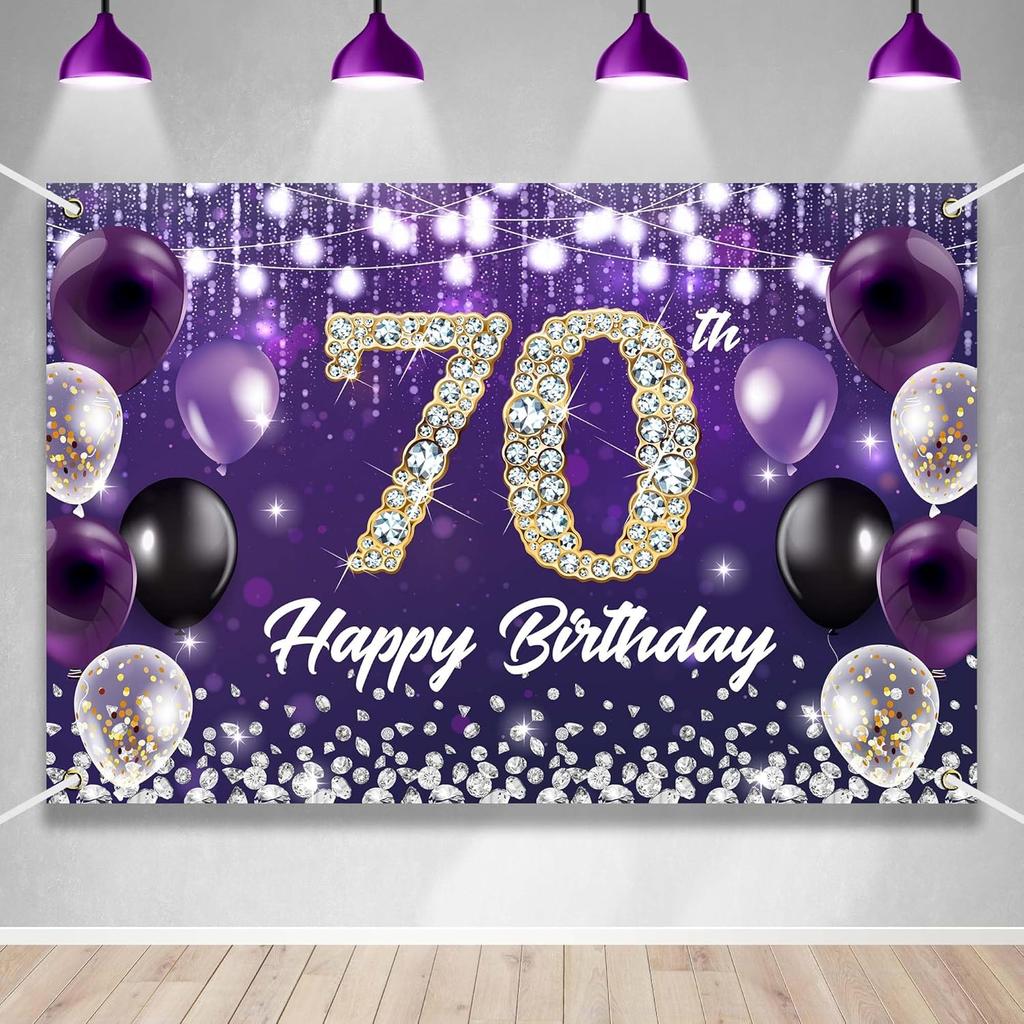 Happy 60th Birthday Backdrop Banner Purple Theme Background with Shiny Diamond Noble Elegant Birthday Party Photo Photography Prop Booth Background