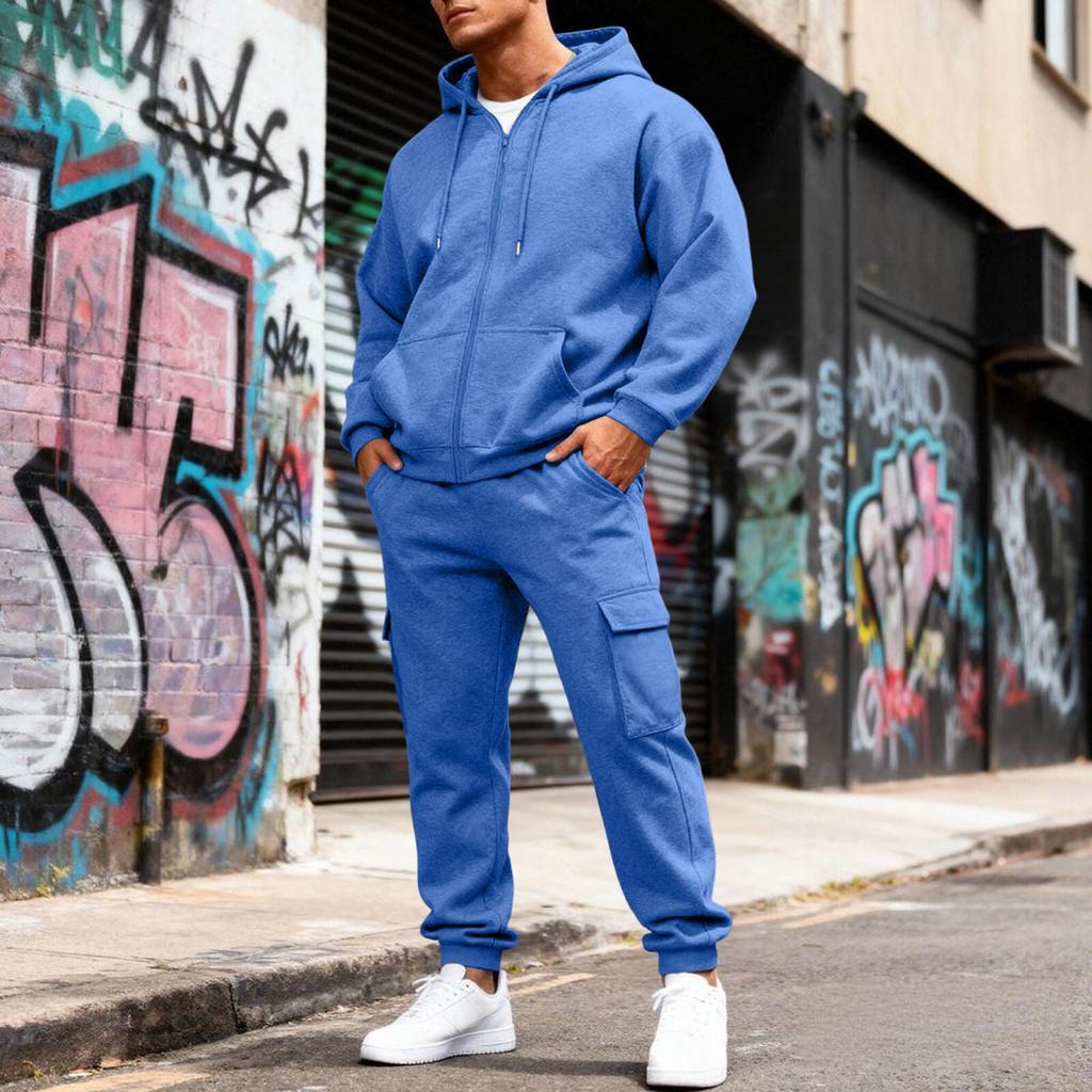Men's Fleece-Lined Thermal Two-Piece Tracksuit | Color Hooded Sweatshirt Jacket & Elastic Waist Cargo Joggers For Casual Outdoor