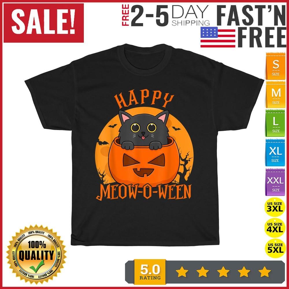 Happy Halloween Meowoween Cute Black Cat Party Costume Vintage T Shirt Men Women
