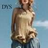 Relaxed Fit Women Blouse Tops Solid Color Loose Breathable Casual Soft Fabric Shirt O-Neck Sleeveless Ruffle Splicing Hem Summer Vest Daily