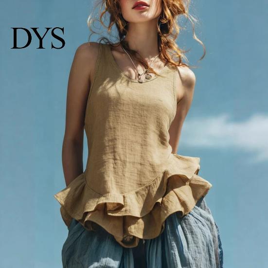 Relaxed Fit Women Blouse Tops Solid Color Loose Breathable Casual Soft Fabric Shirt O-Neck Sleeveless Ruffle Splicing Hem Summer Vest Daily