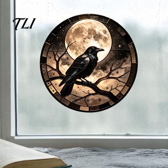 Decorative Window Privacy Film Halloween Raven Moon Static Glass Sticker, Removable Decals, Vintage Party Supplies Crow PVC Waterproof Cling for