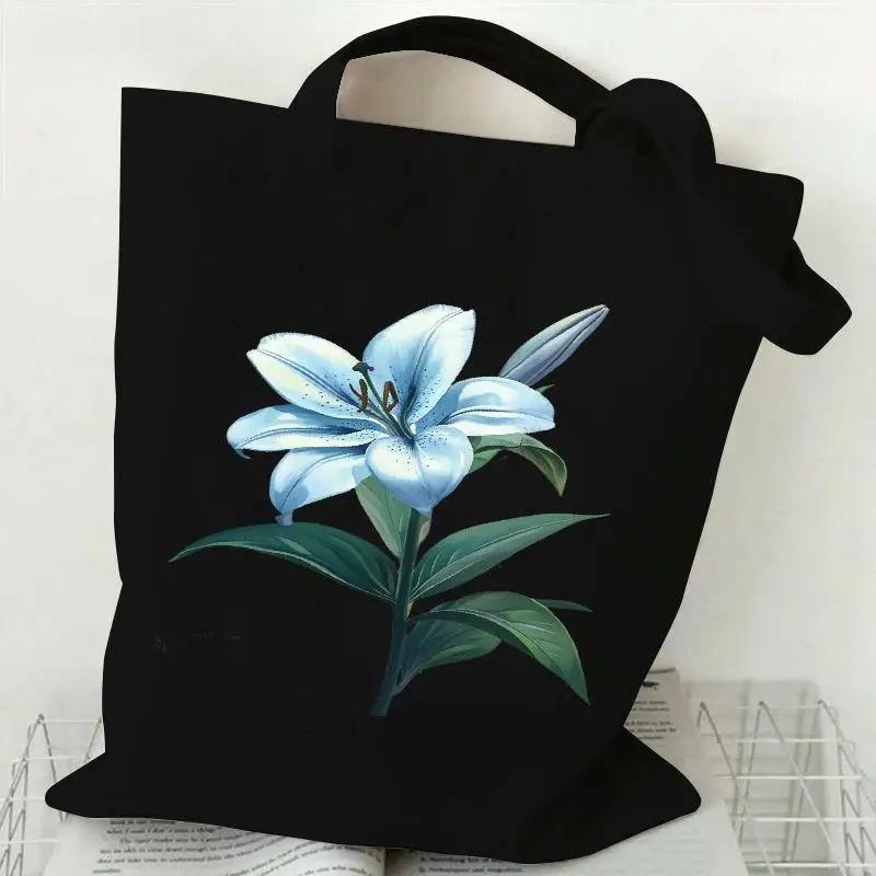 Black Canvas Tote Bag With Chamomile Flower Stylish Casual Shoulder Handbag For Shopping, Daily Use & Gifts, Shopping Handbag