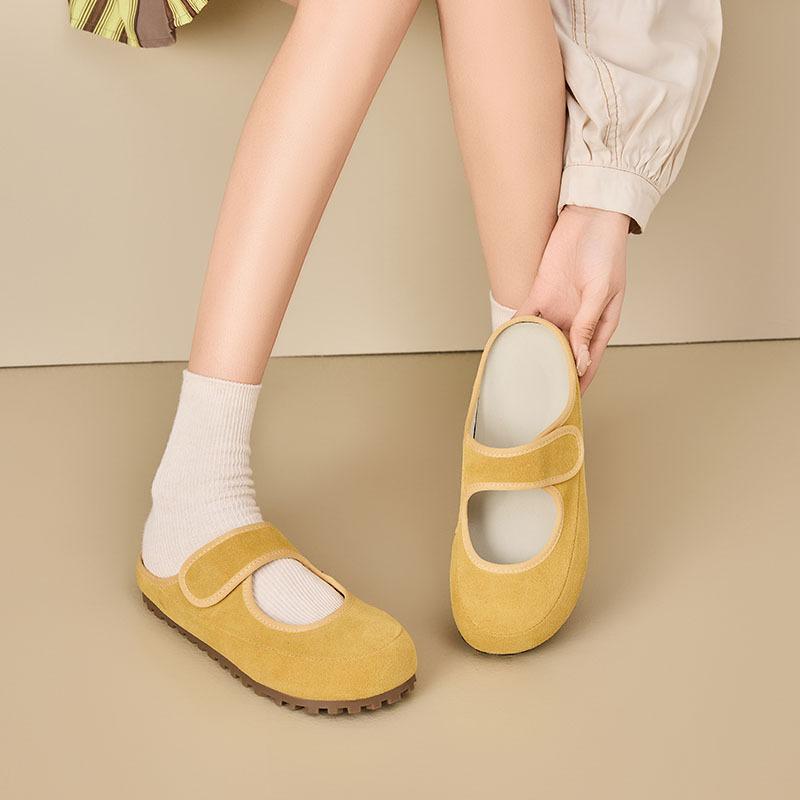 Mary Jane women's shoes spring new comfortable matte leather leather cute Velcro light mouth yellow shoes