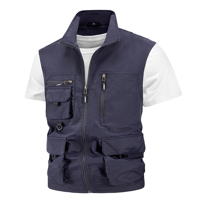 Men's Waterproof Quick-Dry Multi-Pocket Outdoor Photography Vest with Breathable Stand-Up Collar
