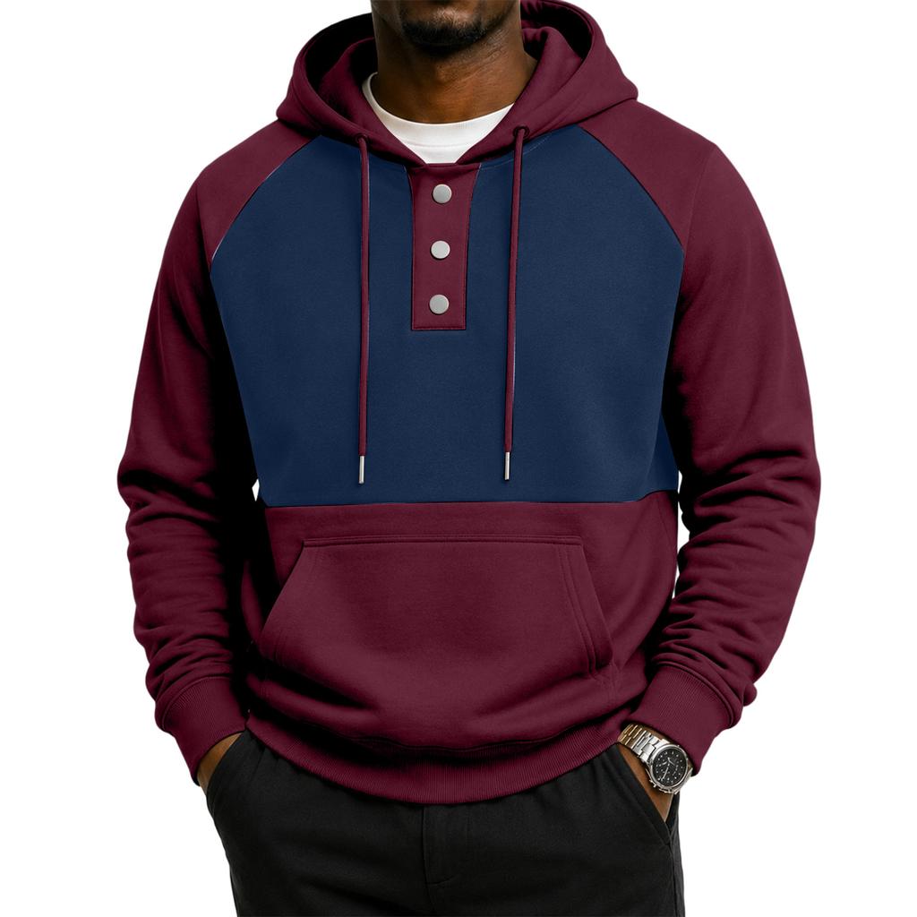 Men's Trendy Casual Hooded Sweatshirt with Color Block Pockets for Everyday Sports
