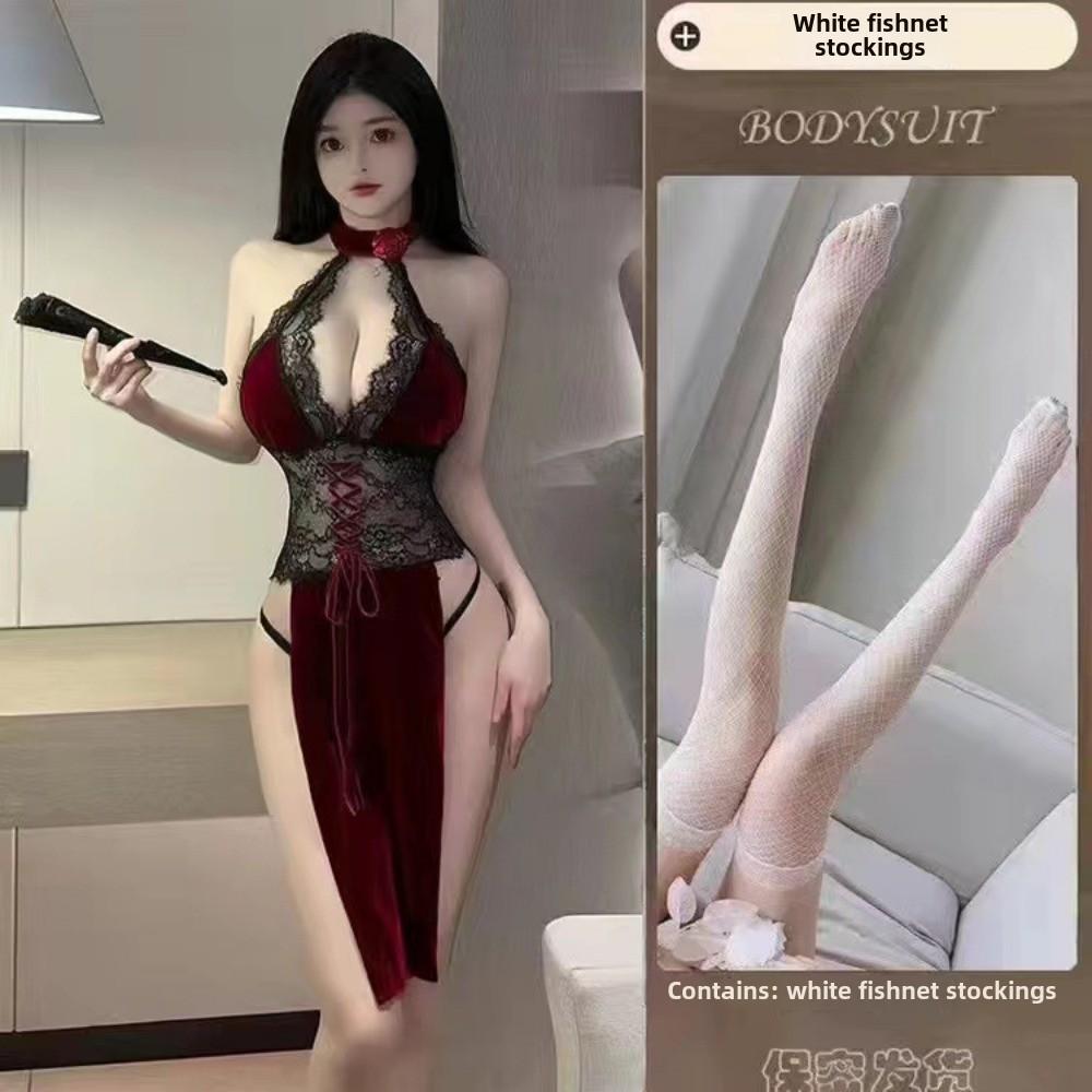 Hollow Backless Lace Cheongsam Sexy Revealing Convenient Dress Easy To Take Off Private Bedroom Nightdress