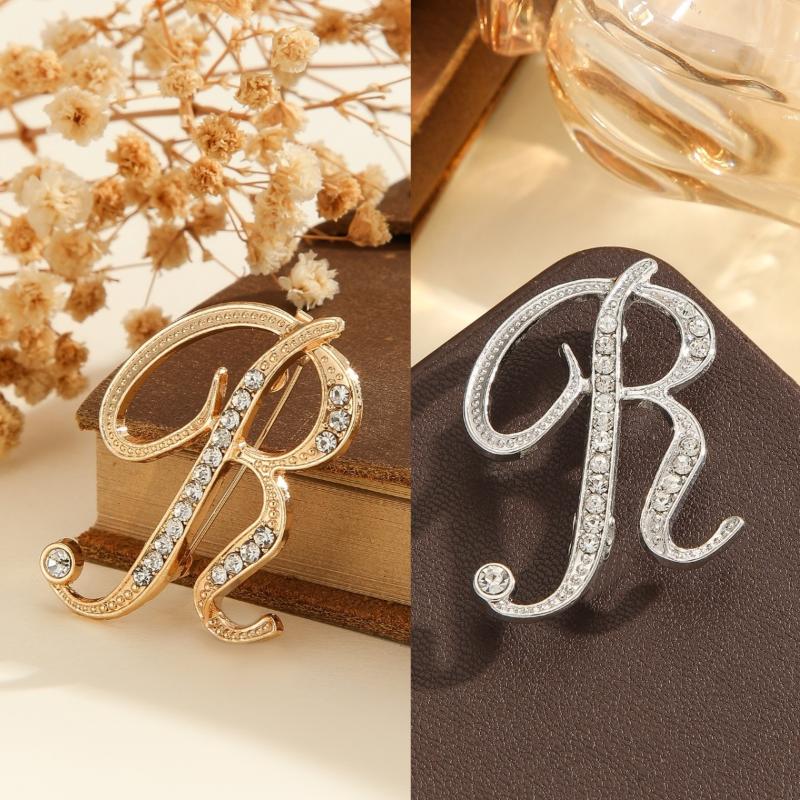 2Pcs  Full  Encrusted Gold And Silver Alphabet Letter Brooches Pins Minimalist Clothing Jewelry Accessory