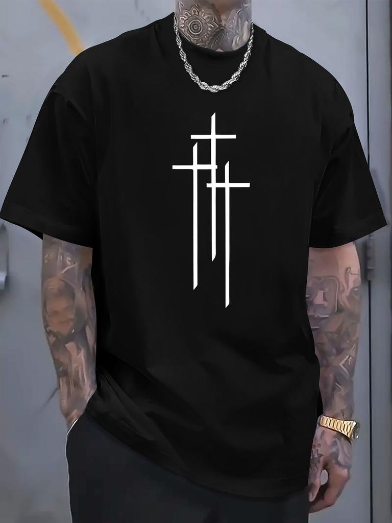 Herren Freizeit Trend kurzärmeliges T-Shirt mit einfachem Kreuzmuster-Print Atmungsaktives Freizeit-Oberteil für Streetwear-Outfits