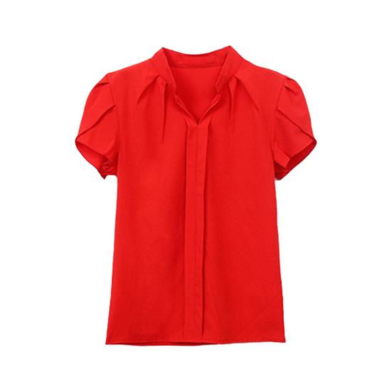 Sommer Chiffon Hemd V-Ausschnitt Blütenblatt Kurze Einfarbig Ärmel Pullover Tops Stehkragen Dünne Frauen Bluse