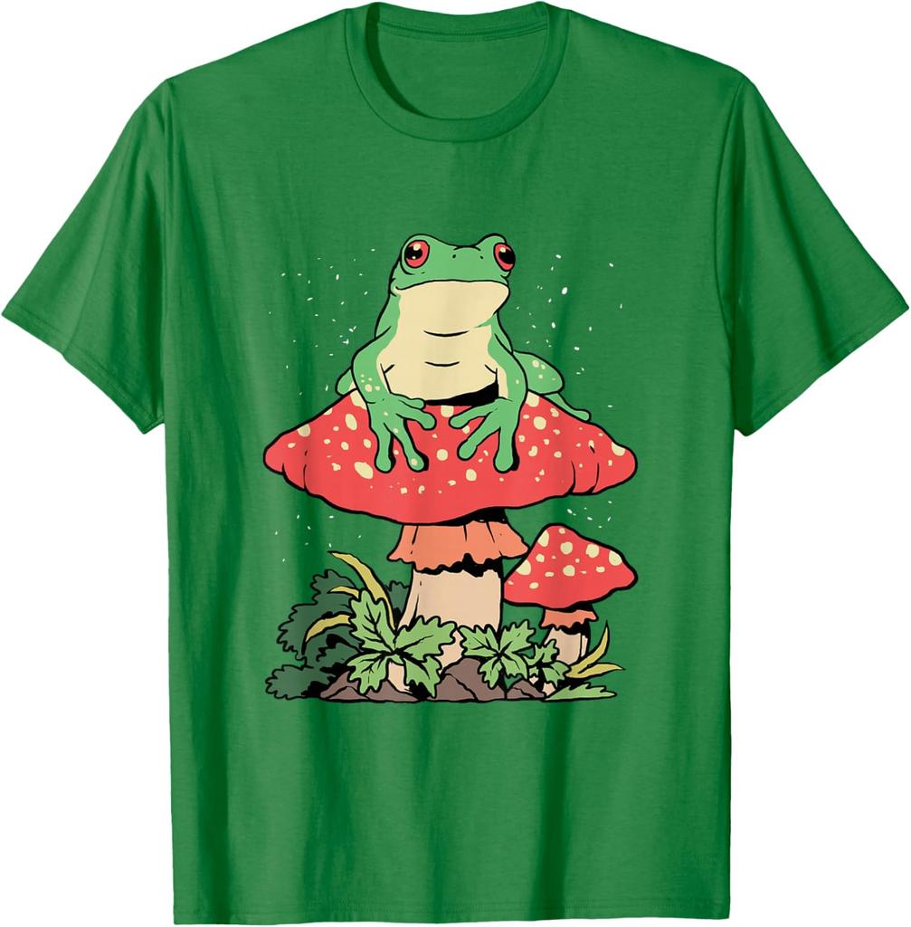 Frog on Mushroom Cottagecore Aesthetic Graphic Tee Men Casual Summer Trip T-Shirt