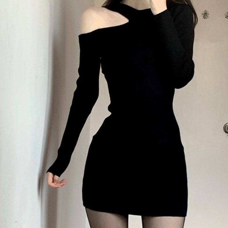 

Чистое и Кокетливое Платье с Открытыми Плечами для Женщин для Весенне-Летней Носки Маленькое Высокое Облегающее Платье-Юбка Слим Облегающее Бедра Горячее Платье S чёрный