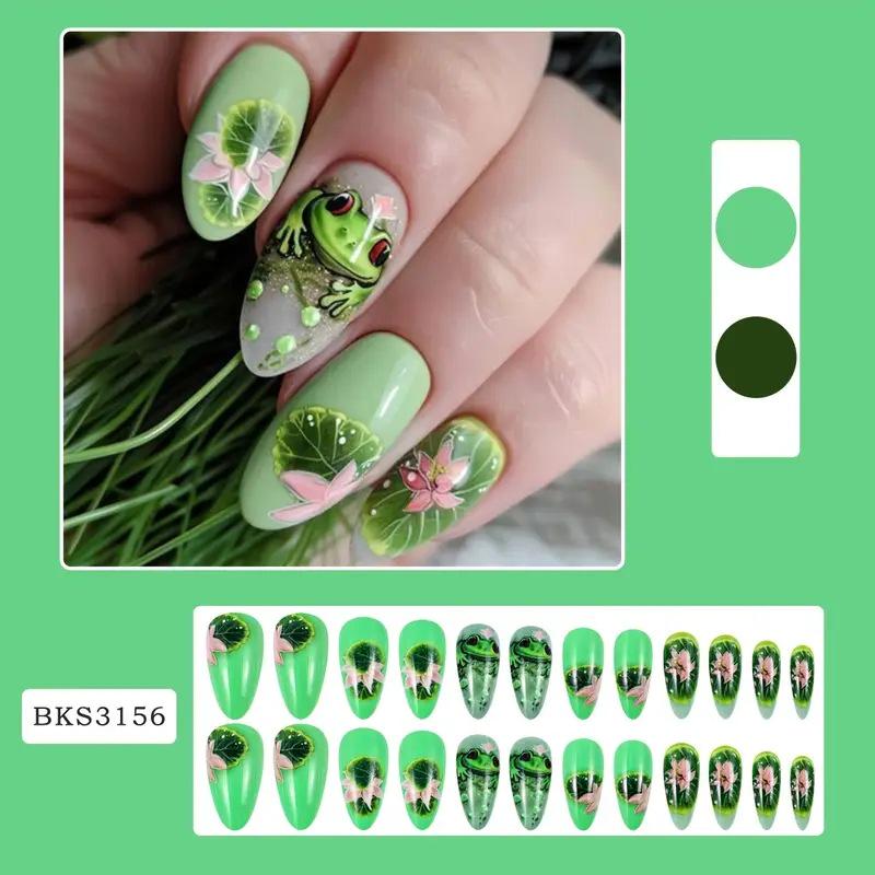 24-teilige Little Frog Lotusblatt-Muster Mode Tragbare Nägel - Abnehmbar und Trendy Europäischer & Amerikanischer Stil