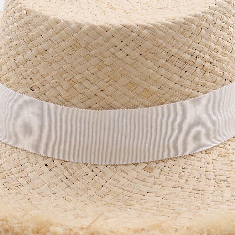 Spring and summer new raffia tether flat top large brim rough edge straw hat outdoor travel beach sun protection light