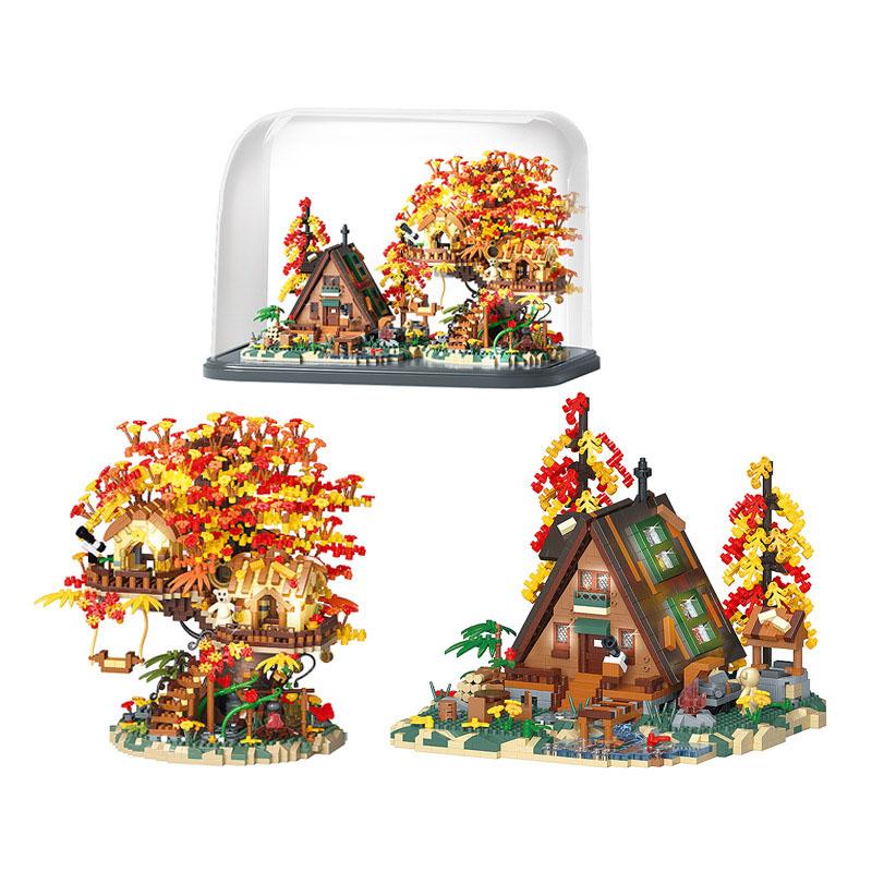 Creative Landscape Street View Small Block Autumn Cabin Tree House Construction Brick Treehouse Streetscape Figures Plaything With Light