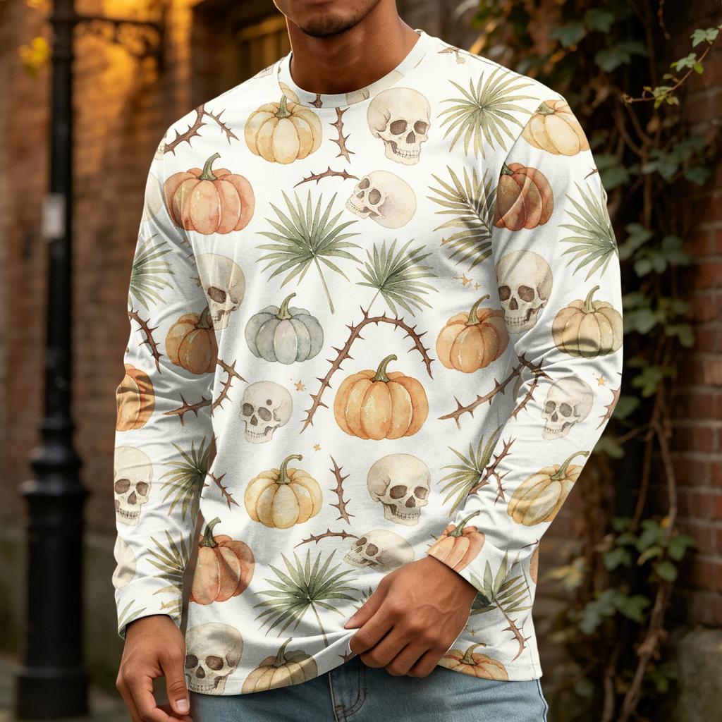 Men's Halloween Print Crewneck Long Sleeve T-Shirt for Casual Wear